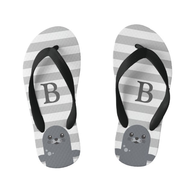 Happy Seal and Grey Stripes Monogram Kid's Flip Flops (Footbed)