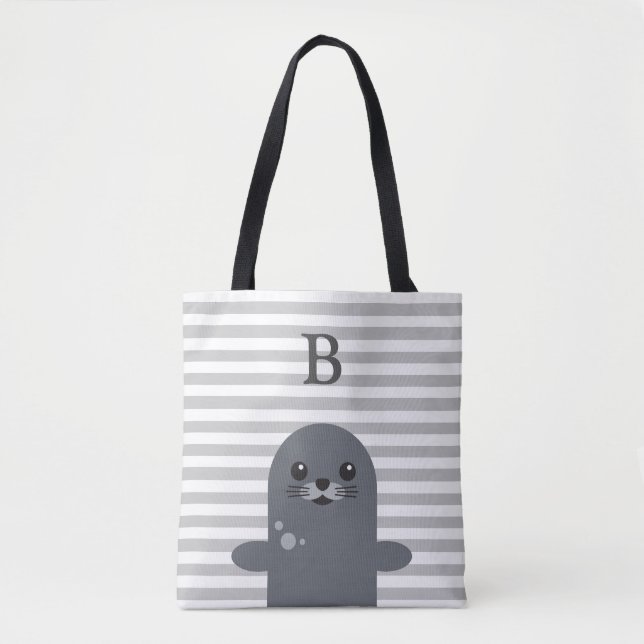Happy Seal and Grey Stripes Monogram Tote Bag (Front)