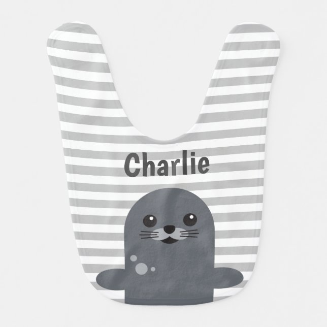 Happy Seal and Grey Stripes Personalised Baby Bib (Front)