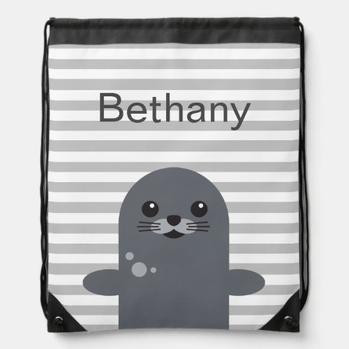 Happy Seal and Grey Stripes Personalised Drawstring Bag