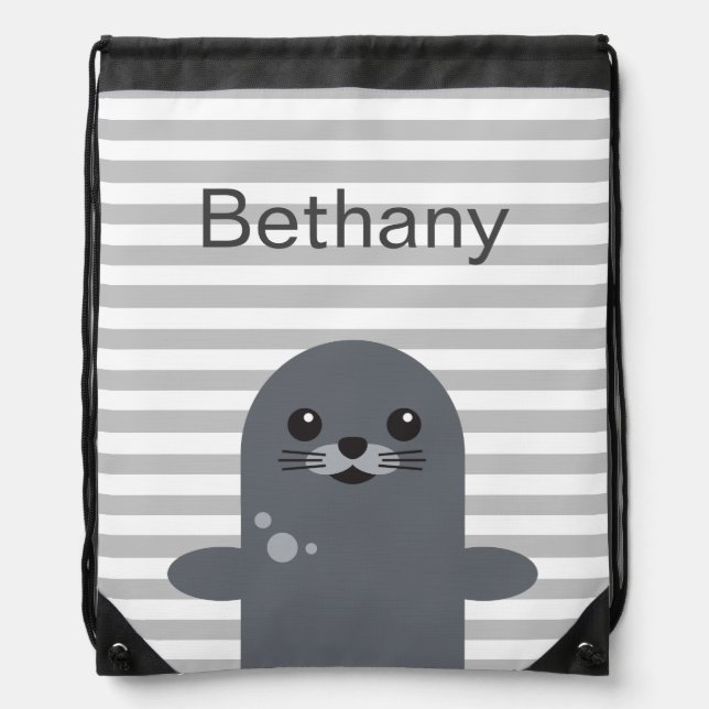 Happy Seal and Grey Stripes Personalised Drawstring Bag (Front)