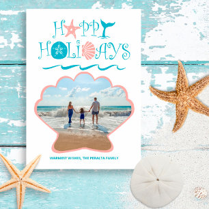 Happy Seashore   Beach Seashell Christmas Photo Holiday Card