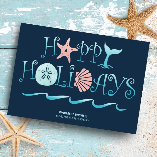 Happy Seashore | Beach Seashell Navy Christmas Holiday Card (Creator Uploaded)