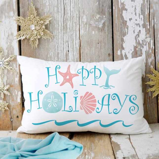 Happy Seashore Beach Seashell Typography Christmas Accent Pillow (Creator Uploaded)
