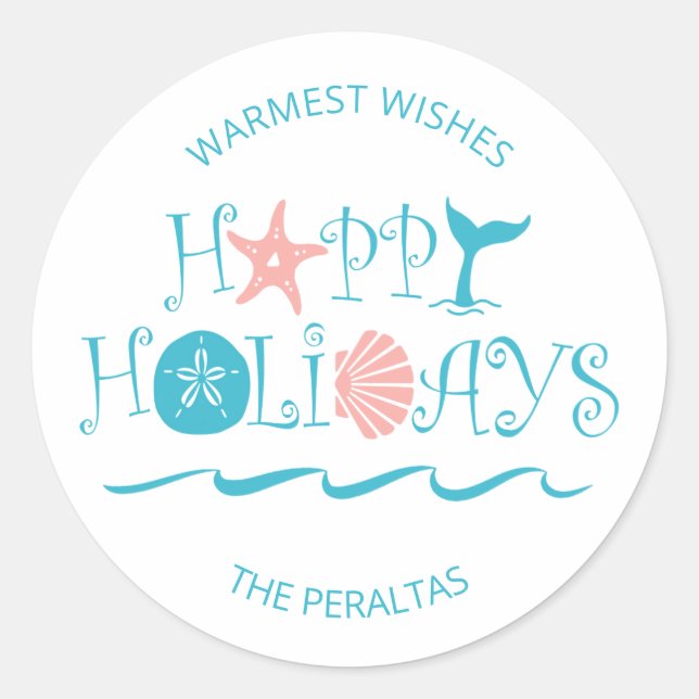 Happy Seashore | Beach Seashells Christmas Classic Round Sticker (Front)