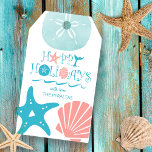 Happy Seashore | Beach Seashells Christmas Gift Tags<br><div class="desc">Beach theme Christmas gift tags feature a "Happy Holidays" typography design with sand dollar,  starfish and fan seashells in tropical turquoise and coral. Reverse side is a nautical seashell and whale tail pattern on a turquoise background. Original artwork KL Stock.</div>