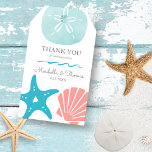 Happy Seashore | Beach Seashells Wedding Thank You Gift Tags<br><div class="desc">Modern,  beach theme wedding party favor thank you gift tags feature sand dollar,  starfish and scallop seashells in tropical turquoise and coral. Reverse side is a nautical seashell and whale tail pattern on a turquoise background. Original artwork KL Stock.</div>