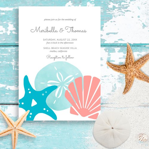 Happy Seashore  Nautical Beach Seashell Wedding Invitation