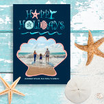 Happy Seashore | Navy Beach Seashell Photo Holiday Card<br><div class="desc">Beach theme flat Christmas photo card features a tropical "Happy Holidays" seashell,  whale tail and ocean waves typography design with a scallop seashell cutout that frames your personalized photo. Reverse side is a nautical shell & swirls pattern on a navy blue background. Original artwork KL Stock.</div>