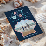 Happy Seashore | Navy Beach Seashell Photo Holiday Card<br><div class="desc">Beach theme flat Christmas photo card features a tropical "Happy Holidays" seashell,  whale tail and ocean waves typography design with a scallop seashell cutout that frames your personalized photo. Reverse side is a nautical shell & swirls pattern on a navy blue background. Original artwork KL Stock.</div>