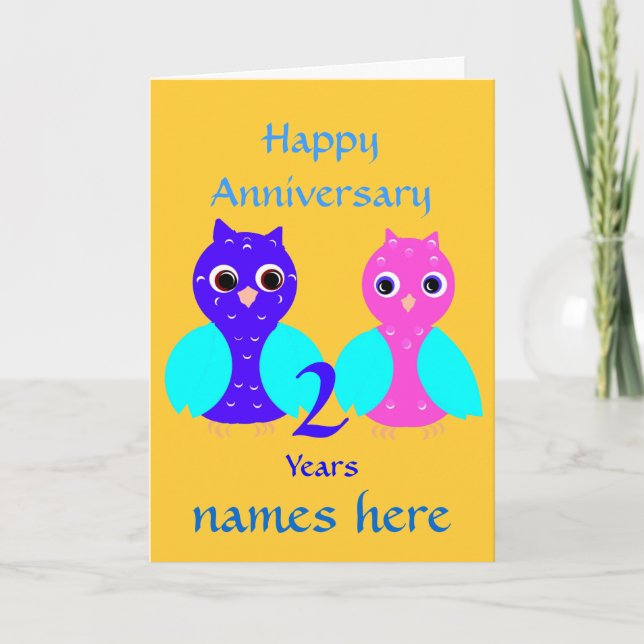 Happy Second Anniversary Cute Owl Couple Customize Card (Front)
