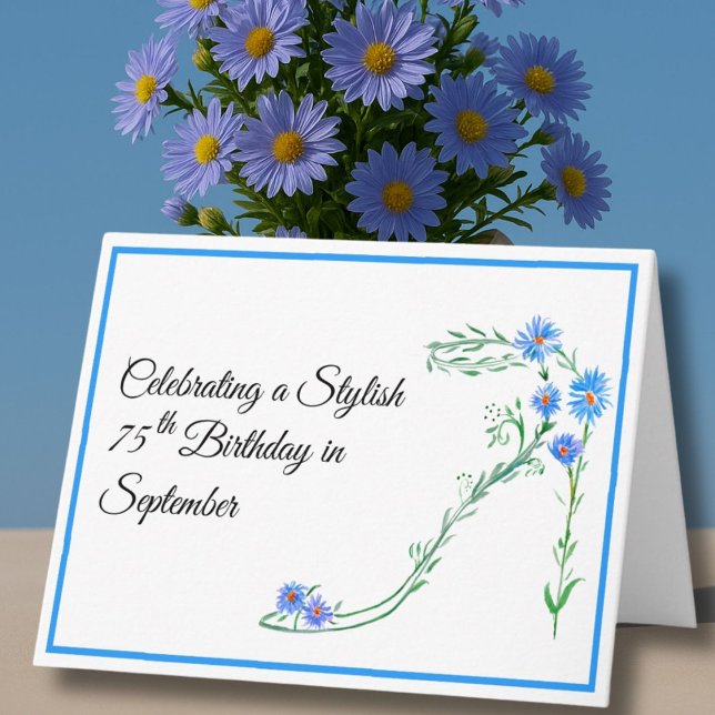 Happy September 75th Birthday Blue Aster Flowers Card (Creator Uploaded)