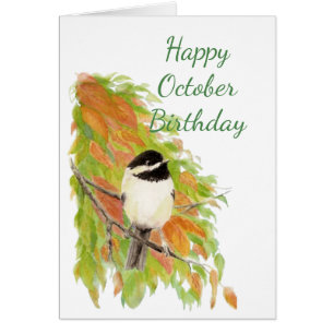 Happy September Birthday Autumn Chickadee Bird art Cards