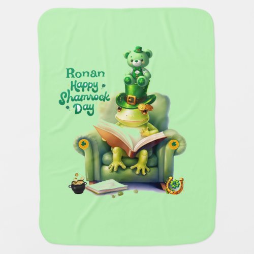 Happy Shamrock Day Green Teddy Bear and Frog Baby Blanket