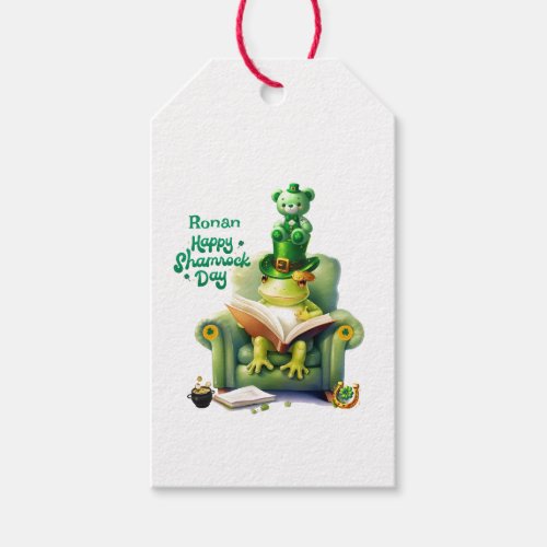 Happy Shamrock Day Green Teddy Bear and Frog Gift Tags