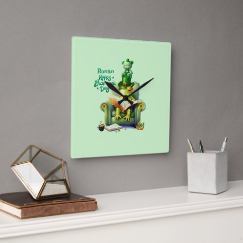 Happy Shamrock Day Green Teddy Bear and Frog Square Wall Clock