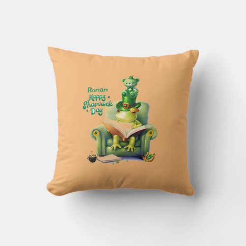 Happy Shamrock Day Green Teddy Bear and Frog Throw Pillow
