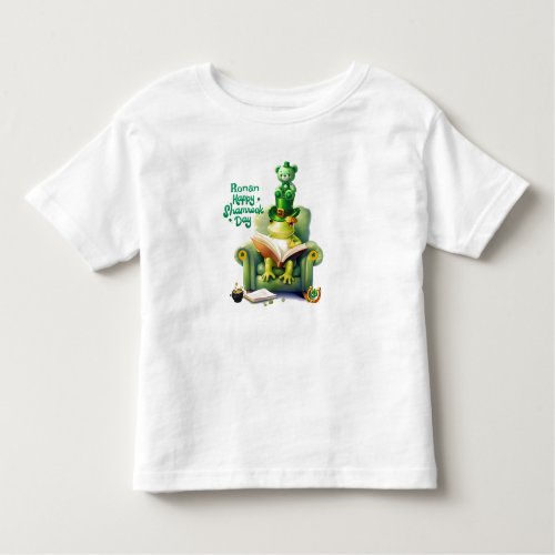 Happy Shamrock Day Green Teddy Bear and Frog Toddler T_shirt