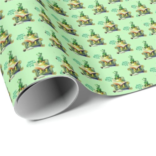 Happy Shamrock Day Green Teddy Bear and Frog Wrapping Paper
