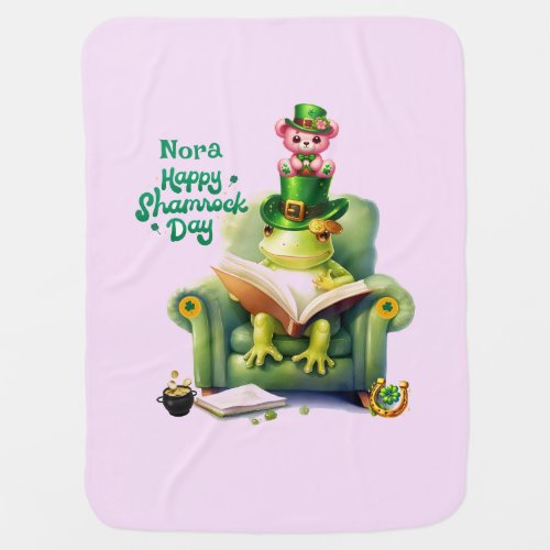 Happy Shamrock Day Pink Teddy Bear and Frog Baby Blanket