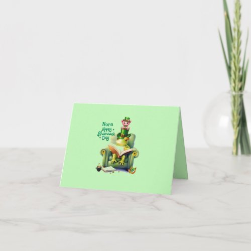Happy Shamrock Day Pink Teddy Bear and Frog Card
