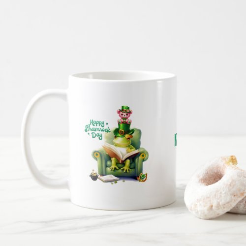 Happy Shamrock Day Pink Teddy Bear and Frog Coffee Mug