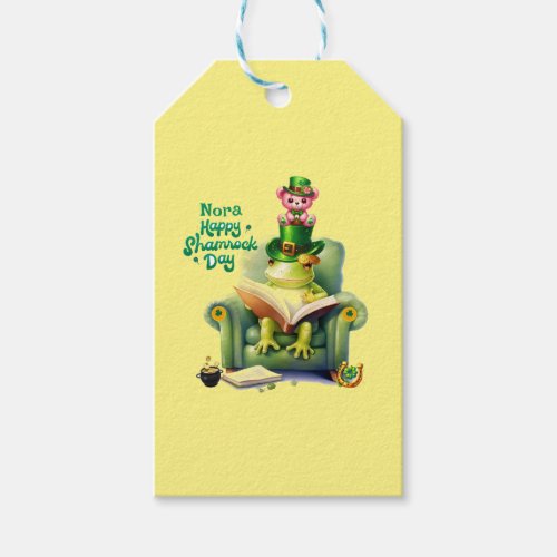 Happy Shamrock Day Pink Teddy Bear and Frog Gift Tags