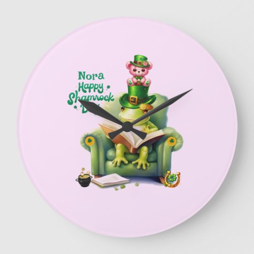 Happy Shamrock Day Pink Teddy Bear and Frog Large Clock