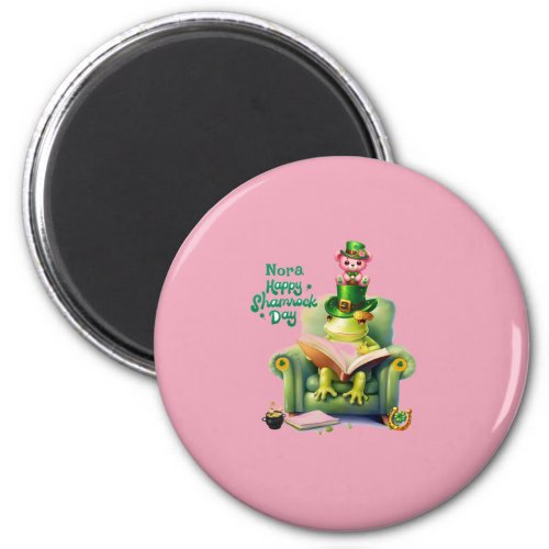 Happy Shamrock Day Pink Teddy Bear and Frog Magnet