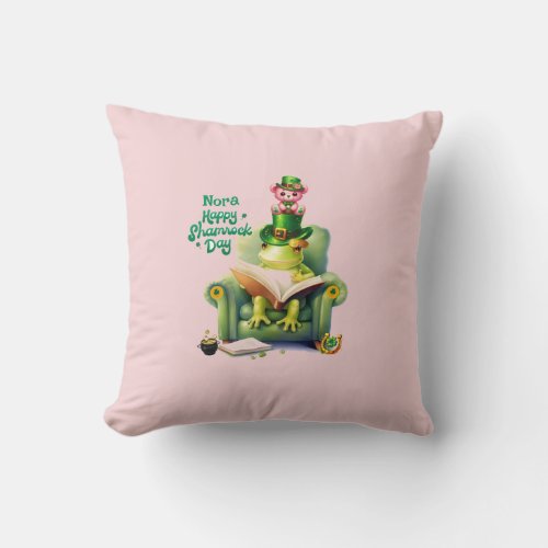 Happy Shamrock Day Pink Teddy Bear and Frog Throw Pillow
