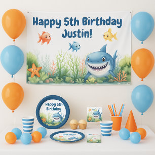 Happy Shark Under the Sea Birthday Banner