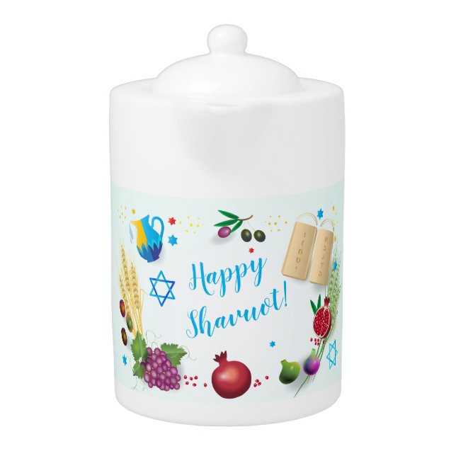 Happy SHAVUOT decorative ornament seven species Teapot (Front)