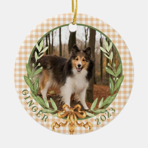 Happy Sheltie in Laurel Wreath  Ceramic Ornament