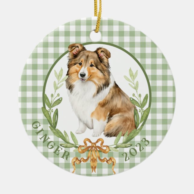 Happy Sheltie in Laurel Wreath  Ceramic Ornament (Front)