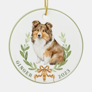 Happy Sheltie in Laurel Wreath Ceramic Ornament