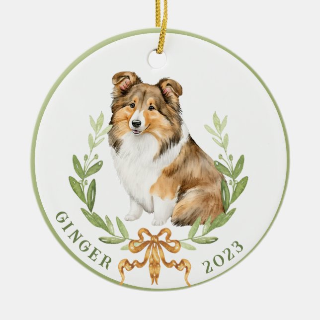 Happy Sheltie in Laurel Wreath  Ceramic Ornament (Front)