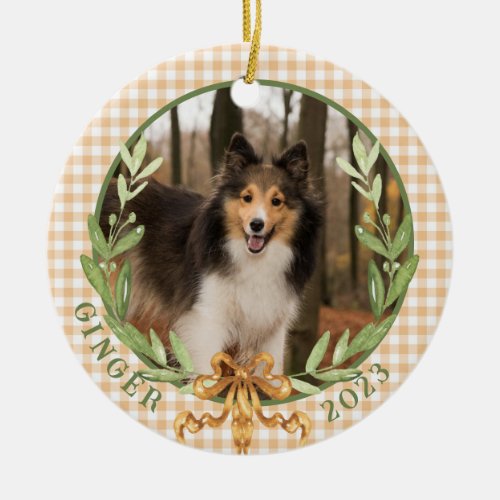 Happy Sheltie in Laurel Wreath Photo Ceramic Ornament