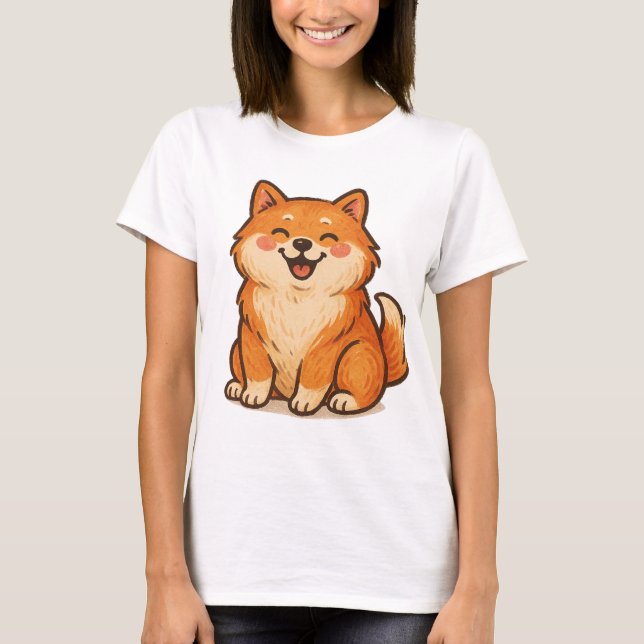 Happy Shiba Dog – Cute Hand-Drawn Pet Illustration T-Shirt (Front)
