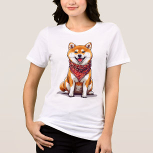 Happy Shiba Inu Dog Wearing a Stylish Red Bandana Tri-Blend Shirt