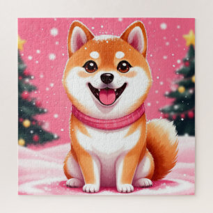 Happy Shiba Inu Puppy By Christmas Trees Jigsaw Puzzle