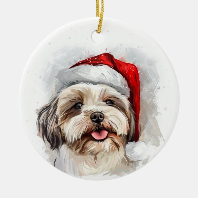 Happy Shih Tzu Dog Christmas Personalized Ceramic Ornament (Front)