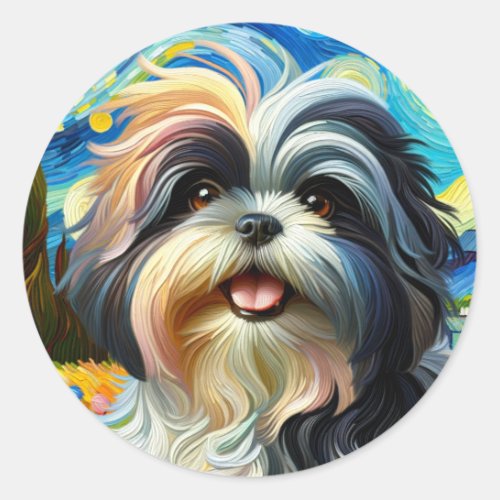 Happy Shih Tzu dog with long flowing fur Classic Round Sticker