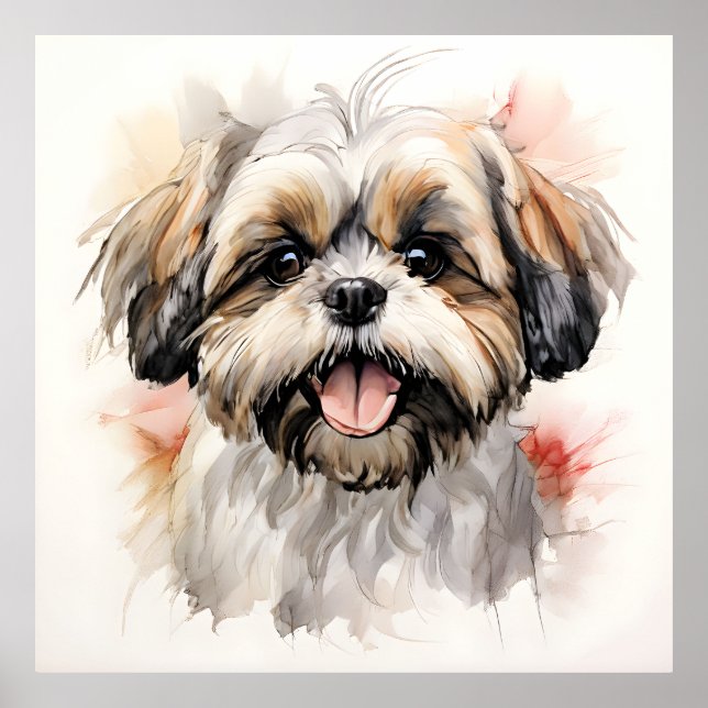Happy Shih-tzu Puppy Ink Portrait Poster (Front)