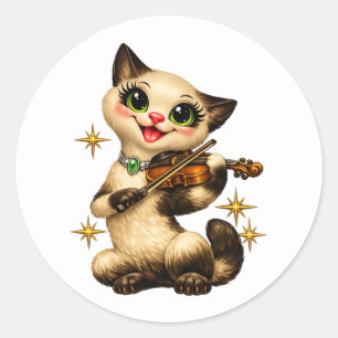Happy Siamese Cat Playing Violin Retro Mid Century Classic Round Sticker