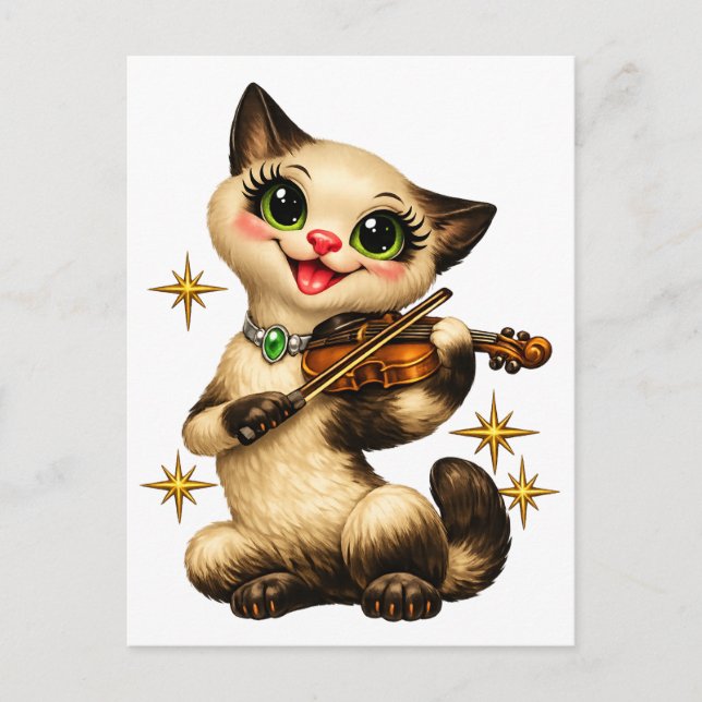 Happy Siamese Cat Playing Violin Retro Mid Century Postcard (Front)
