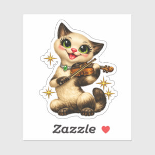 Happy Siamese Cat Playing Violin Retro Mid Century Sticker