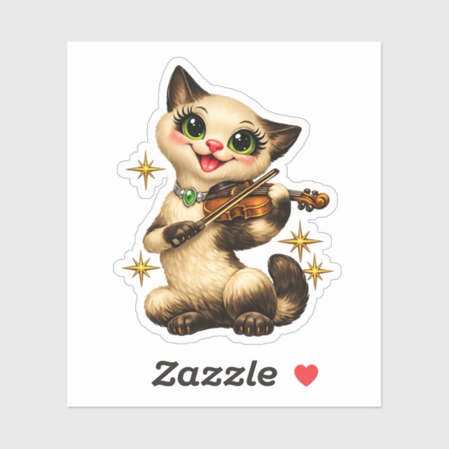 Happy Siamese Cat Playing Violin Retro Mid Century Sticker (Sheet)