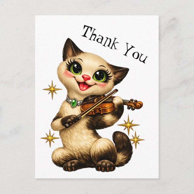 Happy Siamese Cat Playing Violin Retro Thank You Postcard (Front)