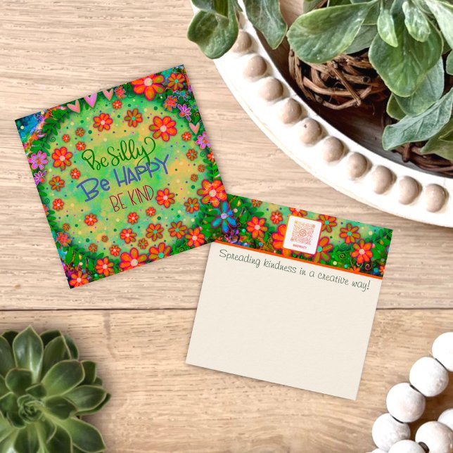 Happy Silly Kind Fun Green Cute Kindness Cards (Silly, happy, kind, fun, INSPIRIVITY, kindness cards. Colorful floral, and whimsical art with “quote)