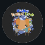 Happy Simchat Torah, Simhat Torah, Jewish Holiday Classic Round Sticker<br><div class="desc">Simchat Torah ( Happy Hanukkah) Shana Tova Umetuka - A Good and Sweet Year! The ideal design for Rosh Hashanah - The Jewish New Year! Happy New Year! Shalom! Mazel Tov and Lechaim! Let's celebrate! Shana Tova (or Shanah Tovah)! Perfect design to wear on Rosh Hashanah! The ideal gift for...</div>